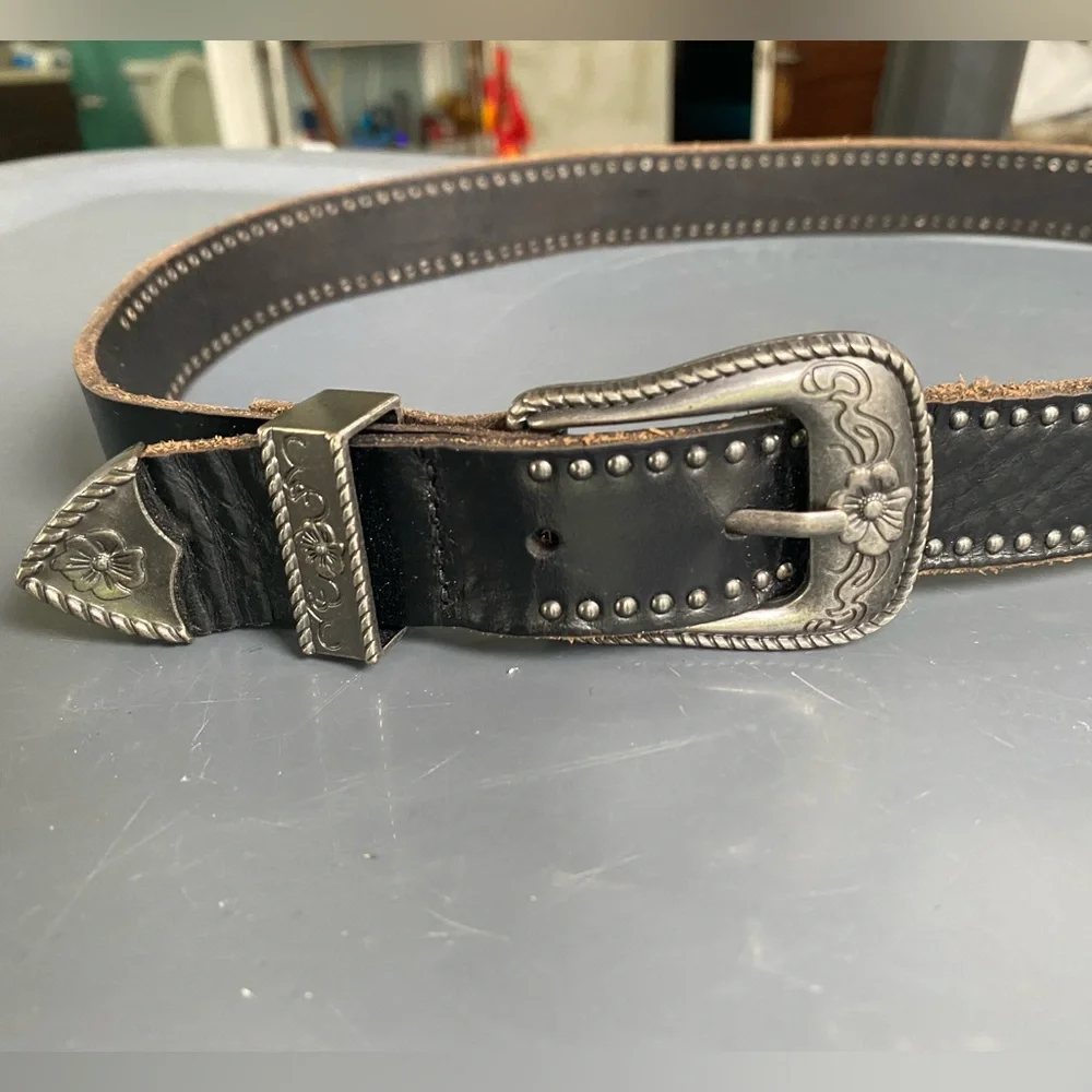 Double Buckle Cowgirl American Eagle Black Leather Belt 38” Long - Picture 4 of 8